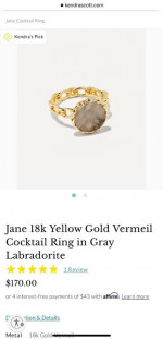 Kendra Scott Jane 18k Yellow Gold Vermeil Cocktail Ring in Gray Labra