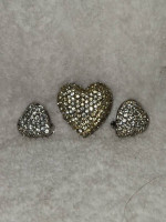 L'amour BONHEUR Pave Set Rhinestone Dome Heart Brooch/Matching Clip-o