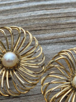 Gold-Filled Pinwheel Spiral Design Lustrous Pearl Screw Back Earrings