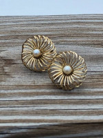 Gold-Filled Pinwheel Spiral Design Lustrous Pearl Screw Back Earrings