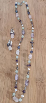 Beautiful Amethyst, Rose, and Pale Green Beads Necklace & Earrings Con
