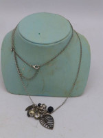 Silver Tone Adjustable Charm Necklace, Feathers, Pearls, Leaves, Cryst
