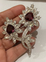 Nolan Miller Silver Tone Clear Purple Trillion Rhinestone Flower Brooch Pin