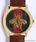 GUCCI G-Timeless Gold Tone Green & Red Bee Dial Brown Leather Strap Wa