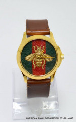 GUCCI G-Timeless Gold Tone Green & Red Bee Dial Brown Leather Strap Wa