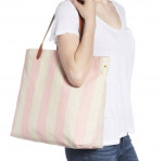 $98 MADEWELL Canvas Transport Tote Bag Ivory Stripe LEATHER handle