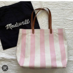 $98 MADEWELL Canvas Transport Tote Bag Ivory Stripe LEATHER handle