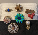 Lot of 7 brooches pins and wood strawberries