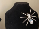 chunky spider brooch pin, silver tone, stones & plastic 3 1/2" long