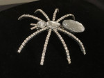 chunky spider brooch pin, silver tone, stones & plastic 3 1/2" long