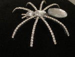 chunky spider brooch pin, silver tone, stones & plastic 3 1/2" long