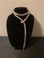 Whiting & Davis Vtg silver tone mesh snake necklace belt, rhinestone
