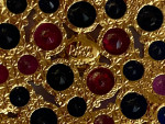 Signed Joan Rivers brooch, pink/red blue clear crystal star gold tone