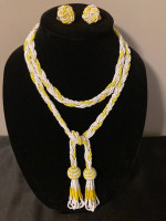 Vtg braided yellow white seed beads necklace tassels , clip earrings