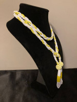 Vtg braided yellow white seed beads necklace tassels , clip earrings