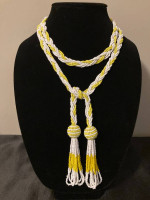 Vtg braided yellow white seed beads necklace tassels , clip earrings