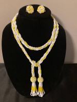 Vtg braided yellow white seed beads necklace tassels , clip earrings