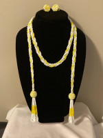 Vtg braided yellow white seed beads necklace tassels , clip earrings