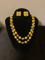 Yellow plastic beads with clear glass stones necklace w/clip earrings