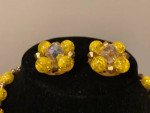 Yellow plastic beads with clear glass stones necklace w/clip earrings