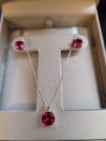 RUBY/WHITE SAPPHIRE NECKLACE W/MATCHING EARRINGS & BRACELET SET .925 S