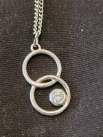 Sterling Silver Interlocking Rings w/ CZ Charm on 17in RoundLink Chain