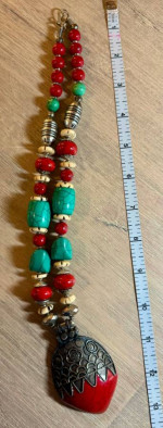 Luscious Necklace Red Resin, Palmwood, faux Silver, Turquoise, Coral,
