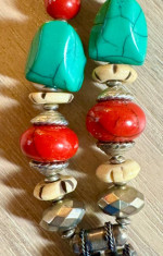 Luscious Necklace Red Resin, Palmwood, faux Silver, Turquoise, Coral,