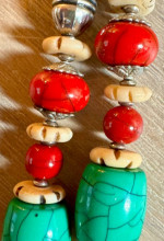 Luscious Necklace Red Resin, Palmwood, faux Silver, Turquoise, Coral,