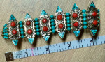 Tibetan Turquoise, Coral and Silver Bracelet Adjustable 7.75” to 9”