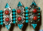 Tibetan Turquoise, Coral and Silver Bracelet Adjustable 7.75” to 9”