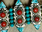 Tibetan Turquoise, Coral and Silver Bracelet Adjustable 7.75” to 9”