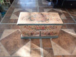 VERY DECORATIVE WOOD JEWELRY BOX WITH OPEN OUT SIDES AND JEWELRY INCLU