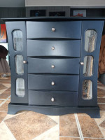LARGE WOOD AND GLASS JEWELRY CABINET LOADED WITH QUALITY JEWELRY