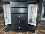 LARGE WOOD AND GLASS JEWELRY CABINET LOADED WITH QUALITY JEWELRY