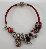 Pandora Christmas Themed 10 Charms on a Red Leather Bracelet