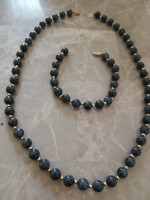 Jade necklace and bracelet 14k gold beads  dark green .