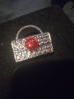 Shiny Silver ❣ Handbag with Red Crystals BROOCH / PIN