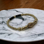 14K Yellow Gold Beaded Black Stone Stretchy Bracelet 4 Grams