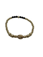 14K Yellow Gold Beaded Black Stone Stretchy Bracelet 4 Grams