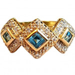 14k Gold Diamonds & Princess Cut Blue Topaz 3 Stone Halo Ring
