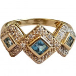 14k Gold Diamonds & Princess Cut Blue Topaz 3 Stone Halo Ring