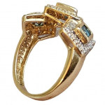 14k Gold Diamonds & Princess Cut Blue Topaz 3 Stone Halo Ring