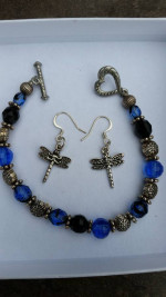 Hand Beaded Blue Black Dragon fly Bracelet and Matching Earrings NEW