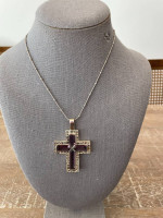 Purple Amethyst Cross Necklace Pendant and Silver Knotted Chain