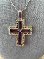 Purple Amethyst Cross Necklace Pendant and Silver Knotted Chain