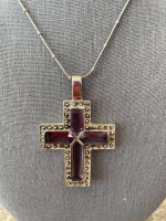 Purple Amethyst Cross Necklace Pendant and Silver Knotted Chain