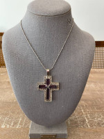 Purple Amethyst Cross Necklace Pendant and Silver Knotted Chain