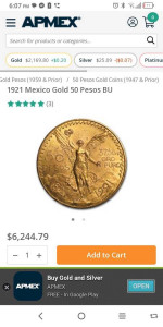 1821-1921 50 peso coin gold