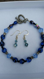 Beaded Blues Silver Black Bracelet and Earrings Set NEW